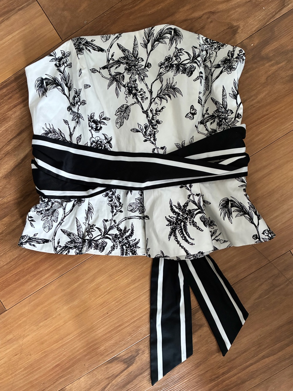WHBM Floral Corset Minimalist Toile Peplum Strapless Top Black White Size 10